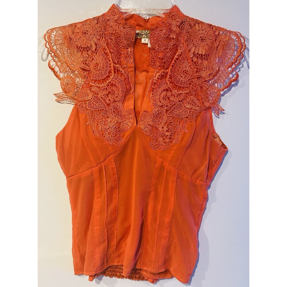 Marineblu Women’s Small Embroidered Tank Top Blouse Orange Lace elegant summer